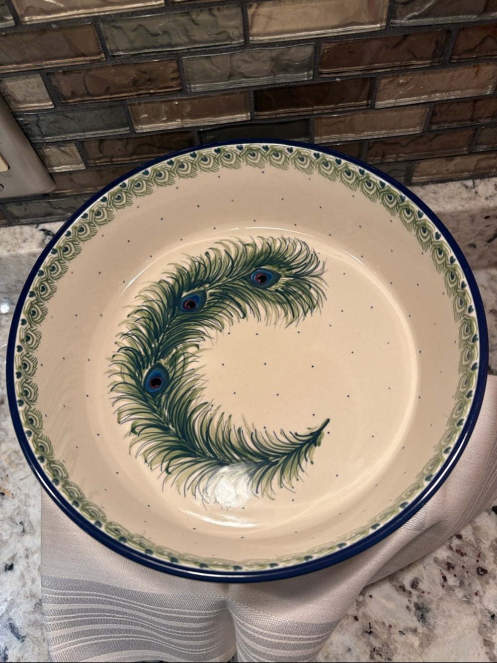 Hand-Painted Peacock Feather Ceramic Serving Bowl - Blue & Green